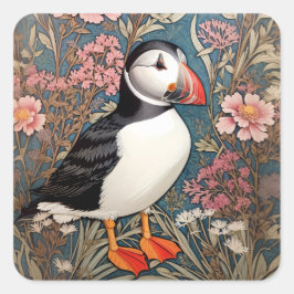 Puffin und Sea Thrift Blume William Morris Quadratischer Aufkleber