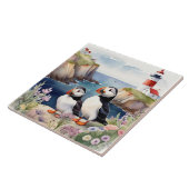 Puffin Vögel an der Küste mit Leuchtturm Fliese (Seite)