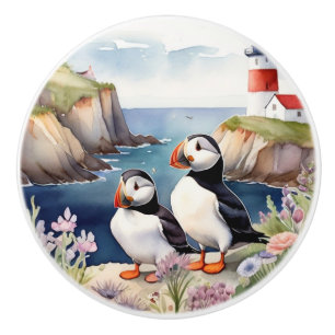 Puffin Vögel an der Küste mit Leuchtturm Keramikknauf
