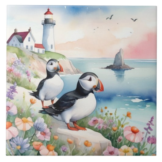 Puffins am Meer - Blume und Leuchtturm im Ozean Fliese (Vorderseite)