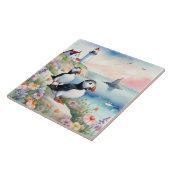 Puffins am Meer - Blume und Leuchtturm im Ozean Fliese (Seite)