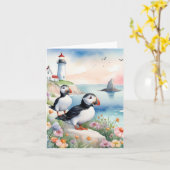 Puffins am Meer - Blume und Leuchtturm im Ozean Karte (Gelbe Blume)