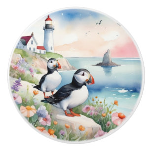 Puffins am Meer - Blume und Leuchtturm im Ozean Keramikknauf