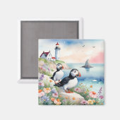 Puffins am Meer - Blume und Leuchtturm im Ozean Magnet (Vorderseite/Rückseite)