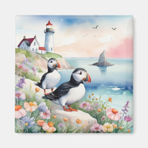 Puffins am Meer - Blume und Leuchtturm im Ozean Magnet