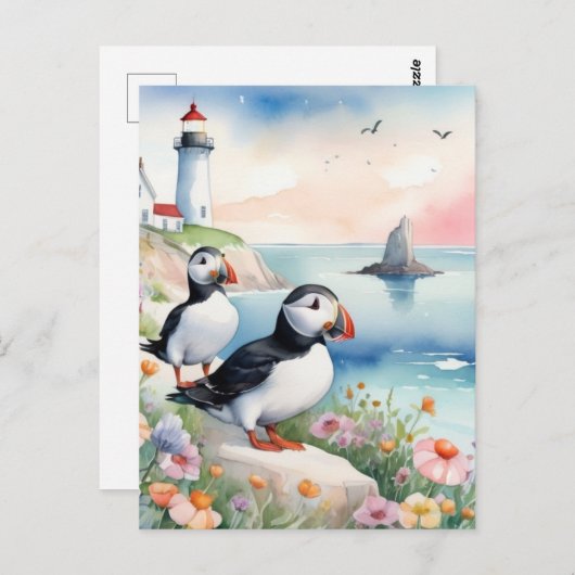 Puffins am Meer - Blume und Leuchtturm im Ozean Postkarte (Vorne/Hinten)
