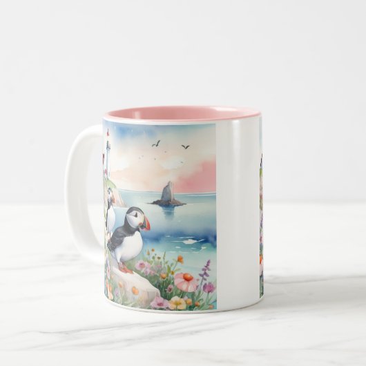 Puffins am Meer - Blume und Leuchtturm im Ozean Zweifarbige Tasse (Vorderseite Links)