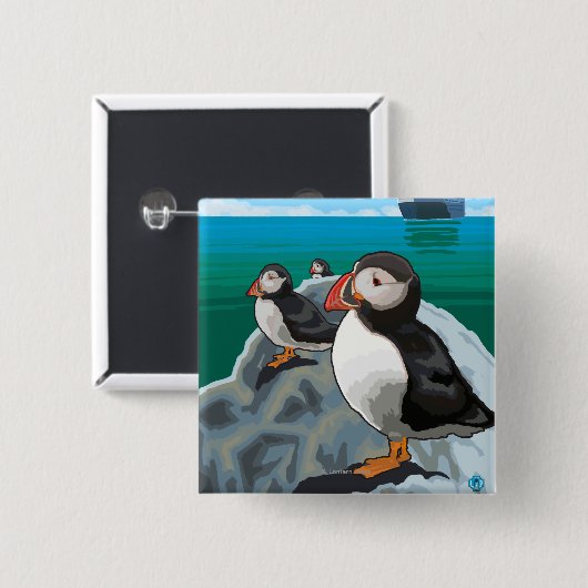 Puffins beim Beobachten eines Kreuzfahrtschiffs Button (Vorne & Hinten)