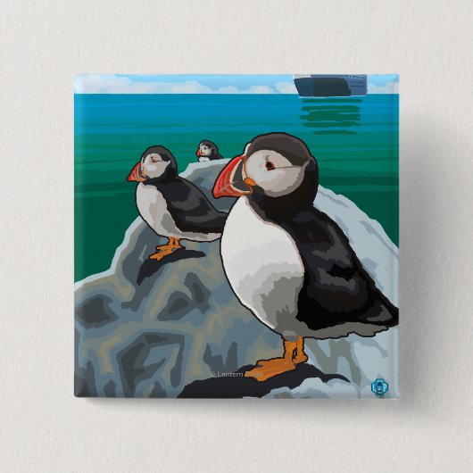 Puffins beim Beobachten eines Kreuzfahrtschiffs Button (Vorderseite)