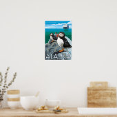 Puffins beim Beobachten eines Kreuzfahrtschiffs Poster (Küche)