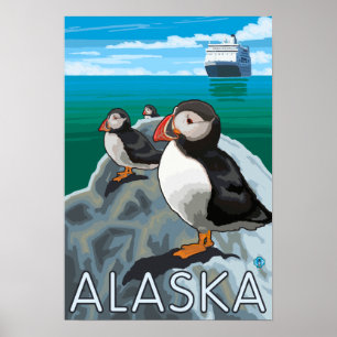 Puffins beim Beobachten eines Kreuzfahrtschiffs Poster