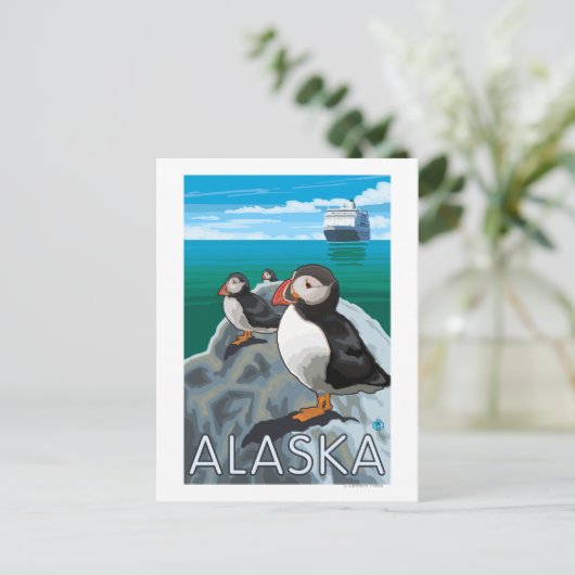 Puffins beim Beobachten eines Kreuzfahrtschiffs Postkarte (Stehend Vorderseite)