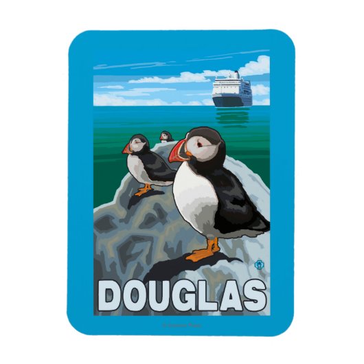 Puffins & Cruise Ship - Douglas, Alaska Magnet (Vertikal)