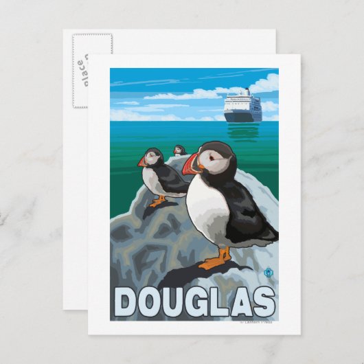 Puffins & Cruise Ship - Douglas, Alaska Postkarte (Vorne/Hinten)