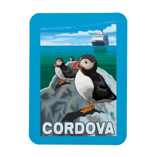 Puffins & Kreuzfahrtschiff - Cordoba, Alaska Magnet (Vertikal)