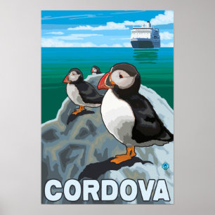 Puffins & Kreuzfahrtschiff - Cordoba, Alaska Poster
