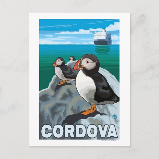 Puffins & Kreuzfahrtschiff - Cordoba, Alaska Postkarte (Vorderseite)
