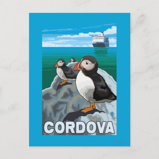 Puffins & Kreuzfahrtschiff - Cordoba, Alaska Postkarte (Vorderseite)