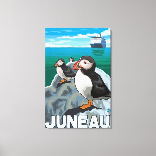 Puffins & Kreuzfahrtschiff - Juneau, Alaska Leinwanddruck (Vorderseite)