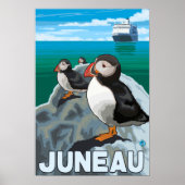 Puffins & Kreuzfahrtschiff - Juneau, Alaska Poster (Vorne)