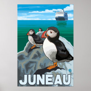 Puffins & Kreuzfahrtschiff - Juneau, Alaska Poster