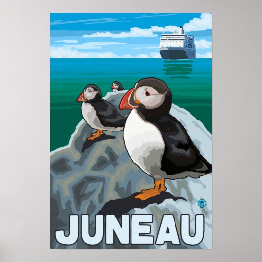 Puffins & Kreuzfahrtschiff - Juneau, Alaska Poster (Vorne)