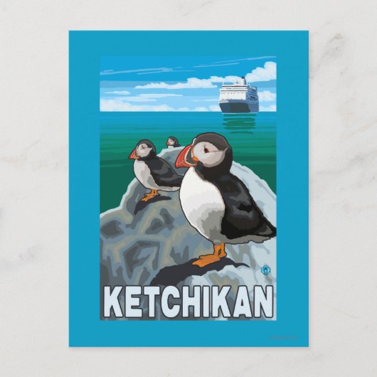 Puffins & Kreuzfahrtschiff - Ketchikan, Alaska Postkarte (Vorderseite)