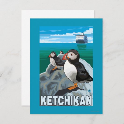 Puffins & Kreuzfahrtschiff - Ketchikan, Alaska Postkarte (Vorne/Hinten)