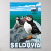 Puffins & Kreuzfahrtschiff - Seldovia, Alaska Poster (Vorne)