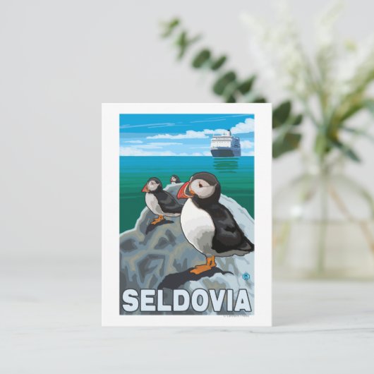 Puffins & Kreuzfahrtschiff - Seldovia, Alaska Postkarte (Stehend Vorderseite)