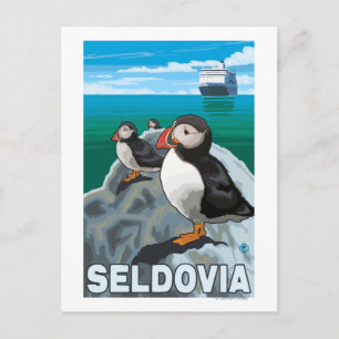 Puffins & Kreuzfahrtschiff - Seldovia, Alaska Postkarte
