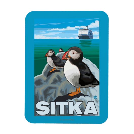 Puffins & Kreuzfahrtschiff - Sitka, Alaska Magnet (Vertikal)