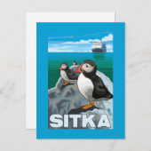 Puffins & Kreuzfahrtschiff - Sitka, Alaska Postkarte (Vorne/Hinten)