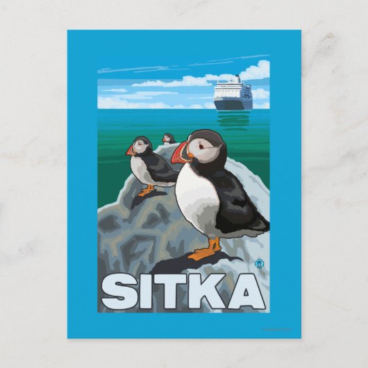 Puffins & Kreuzfahrtschiff - Sitka, Alaska Postkarte (Vorderseite)
