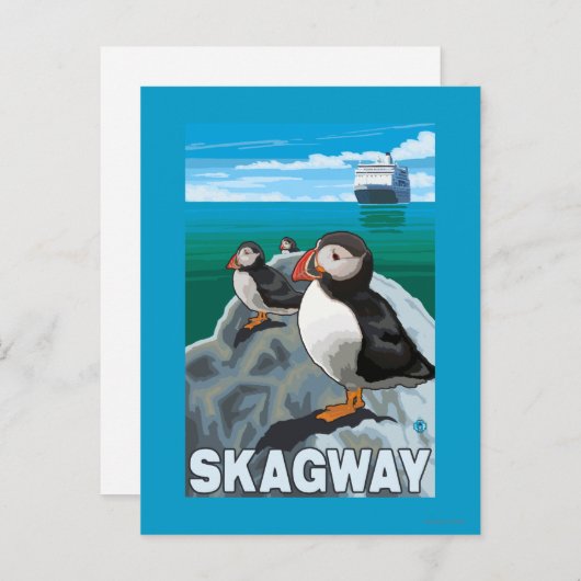 Puffins & Kreuzfahrtschiff - Skagway, Alaska Postkarte (Vorne/Hinten)