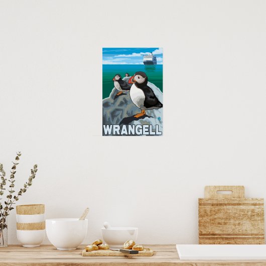 Puffins & Kreuzfahrtschiff - Wrangell, Alaska Poster (Küche)