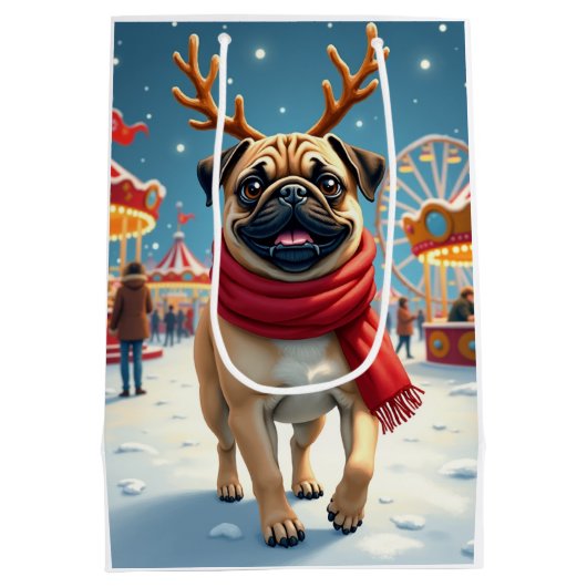 Pug at the Winter Fairgrounds Christmas Painting Mittlere Geschenktüte (Rückseite)