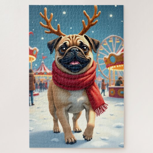 Pug at the Winter Fairgrounds Christmas Painting Puzzle (Vertikal)