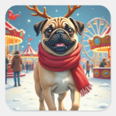 Pug at the Winter Fairgrounds Christmas Painting Quadratischer Aufkleber (Vorderseite)