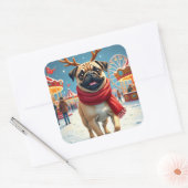 Pug at the Winter Fairgrounds Christmas Painting Quadratischer Aufkleber (Umschlag)