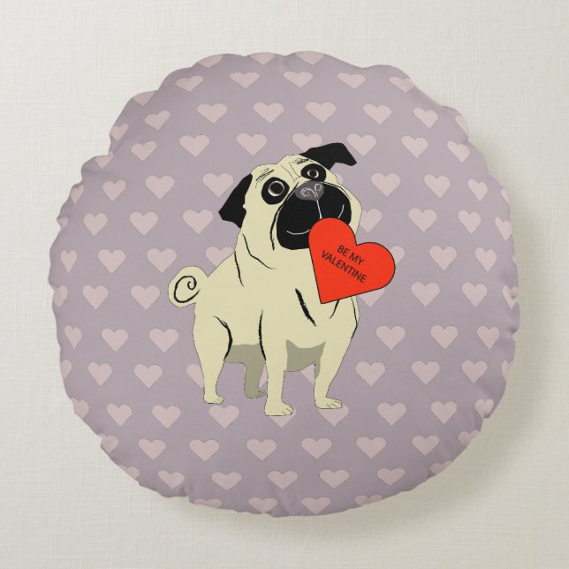 Pug be my Valentine Rundes Kissen (Vorderseite)