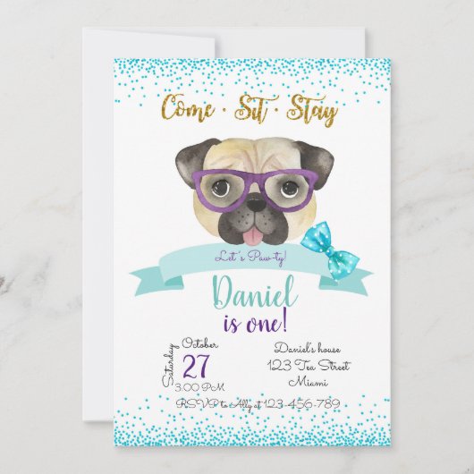 Pug Birthday Invitation, Pug Invite, Einladung (Vorderseite)