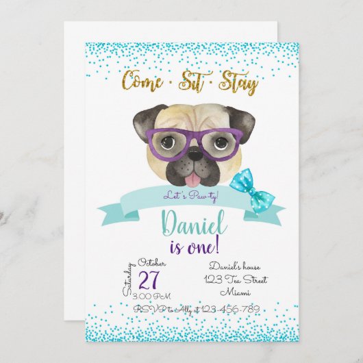 Pug Birthday Invitation, Pug Invite, Einladung (Vorne/Hinten)