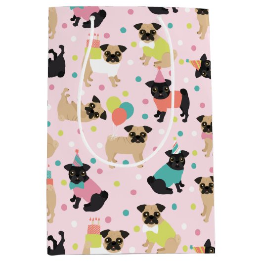 Pug Birthday Party Celebration Mittlere Geschenktüte (Vorderseite)