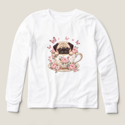 Pug Blossom Dreams Kids T-Shirt – Cute Floral Pug (Design Vorderseite)