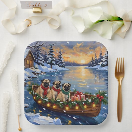 Pug Christmas Boat Holiday Pappteller (Hochzeit)