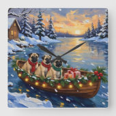 Pug Christmas Boat Holiday Quadratische Wanduhr (Vorderseite)