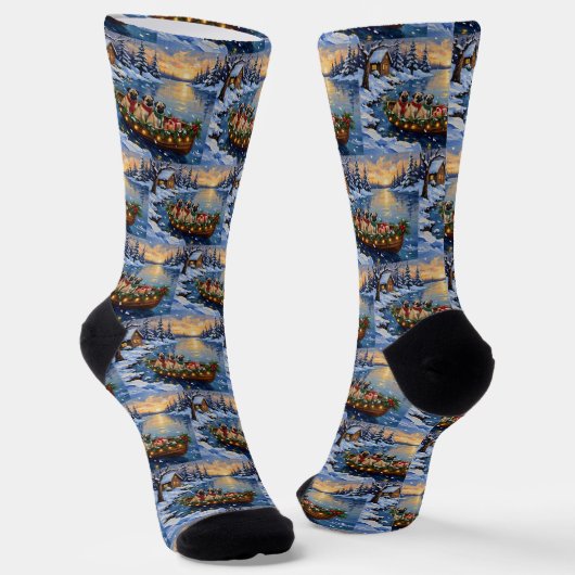 Pug Christmas Boat Holiday Socken (Gewinkelt)