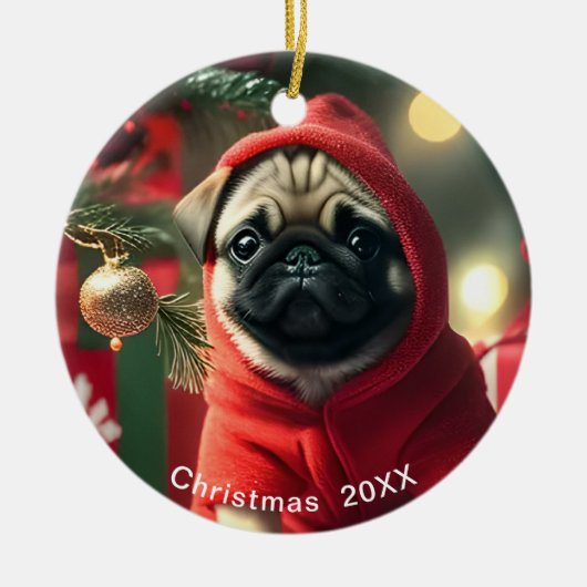  Pug Christmas Date or Add Pet Photo  Keramik Ornament (Vorne)