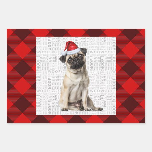Pug Christmas Dog Red Buffalo Plaid Geschenkpapier Set (Vorderseite)